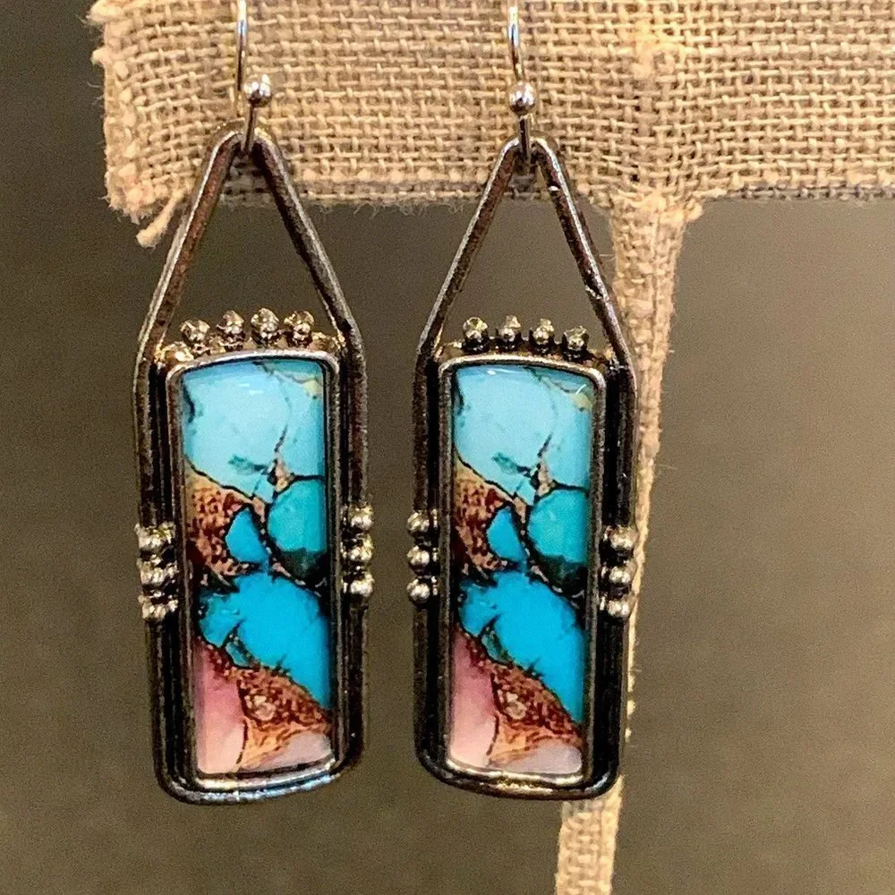 Western Marbled Kingman Style Rectangle Drop Earrings - Turquoise and Brown Colo